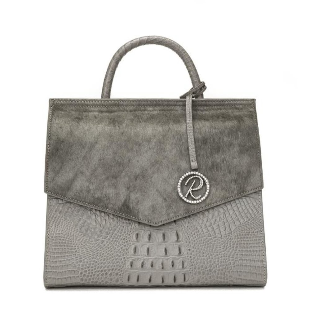 Raviani Grey Croc-Embossed Leather Satchel